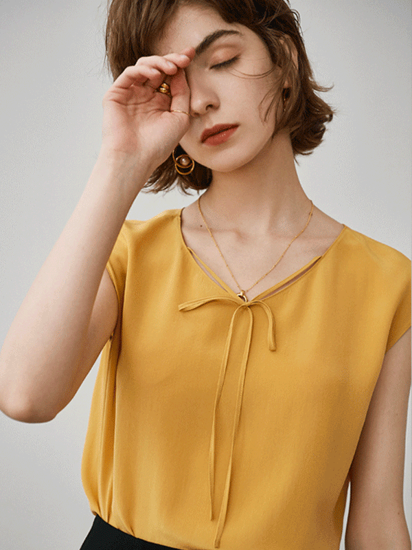 Yellow Adjustable Strap Silk Blouse-Luxury Silk Life