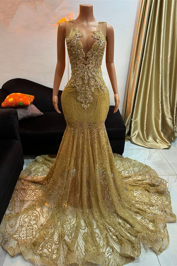 Bellasprom Gold Scoop Sleeveless Prom Dress Mermaid Long With Beadings Sequins Bellasprom