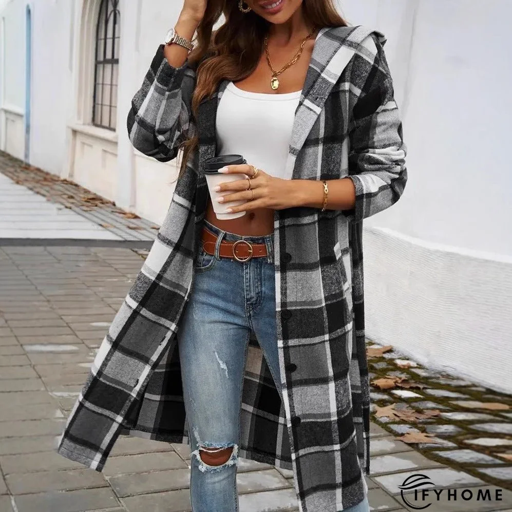 Women's Fashion Plaid Hooded Long-sleeved Woolen Coats | IFYHOME