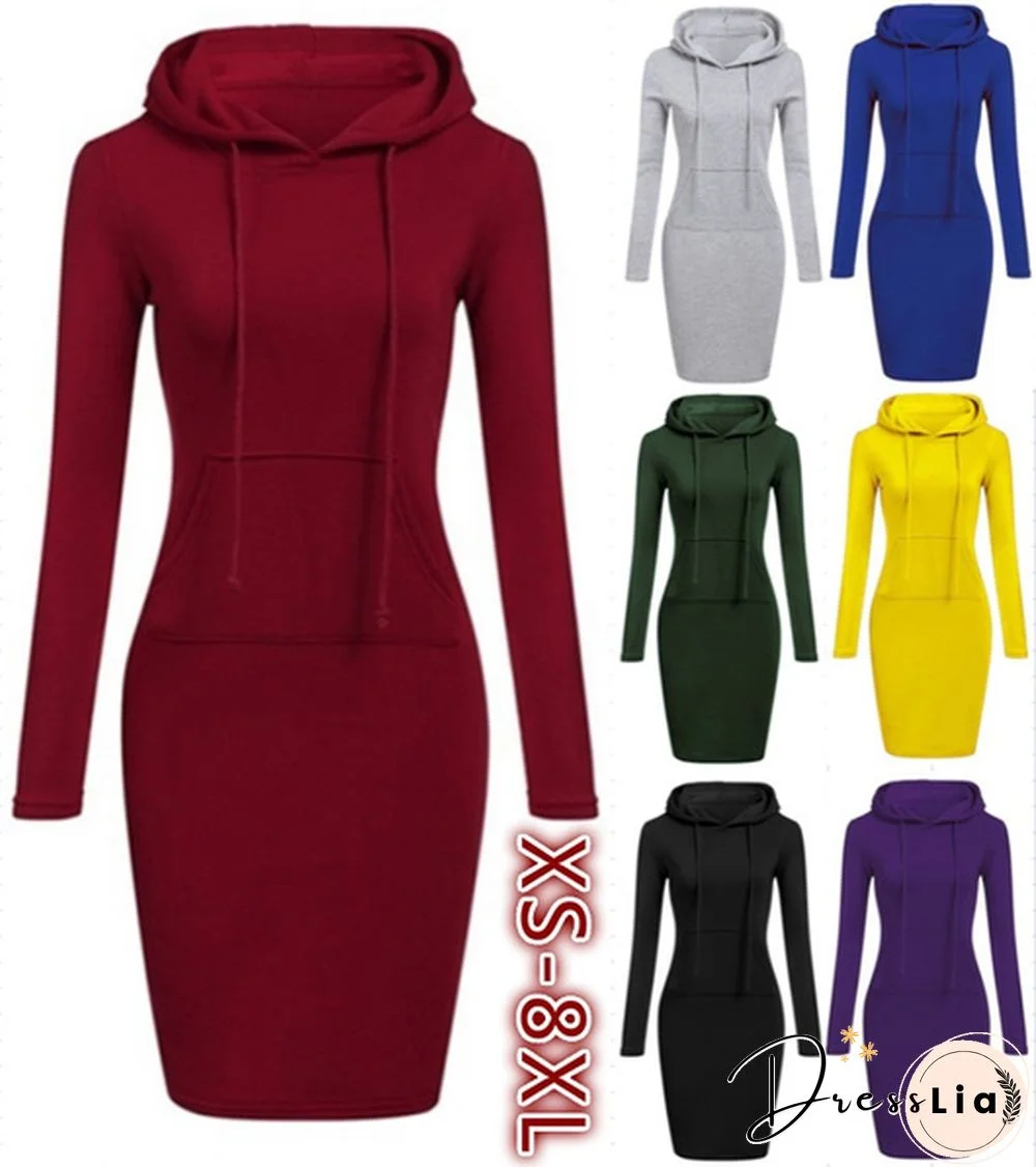 Fashion Sweatshirt Dresses for Women Pocket Hooded Casual Dress Solid Color Long Sleeve Mini Dress Kleid Plus Size XS-8XL