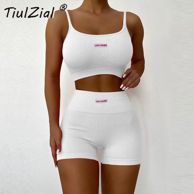 Patchwork Matching Women Set Ribbed Knitted Letter Embroidery Tank Top And Biker Shorts Two Pieces Suit Outfit