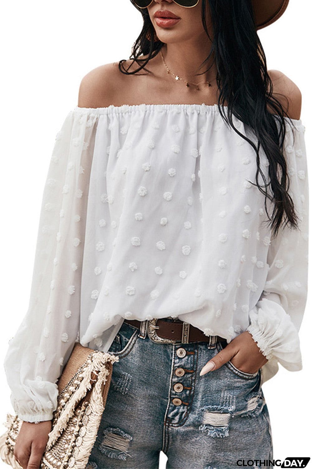 Off Shoulder Swiss Dot Blouse