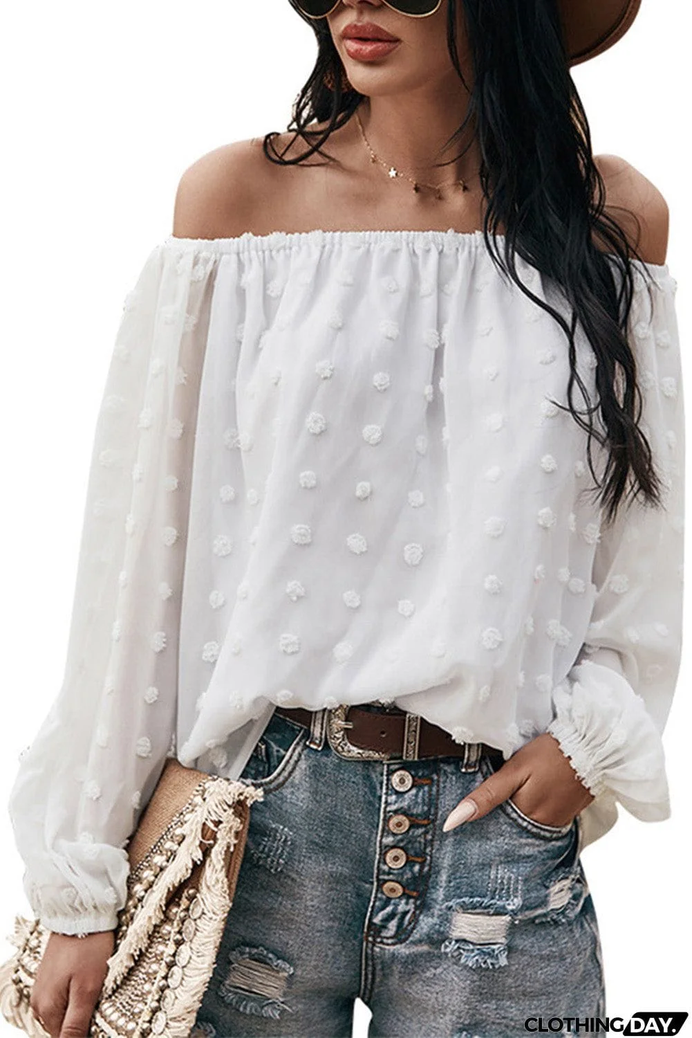 Off Shoulder Swiss Dot Blouse
