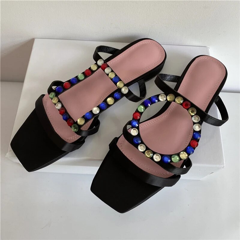 VCSHOES Diamond Asymmetrical Slippers Women Flat Heel Satin Fretwork Rhinestone Outwear Mules