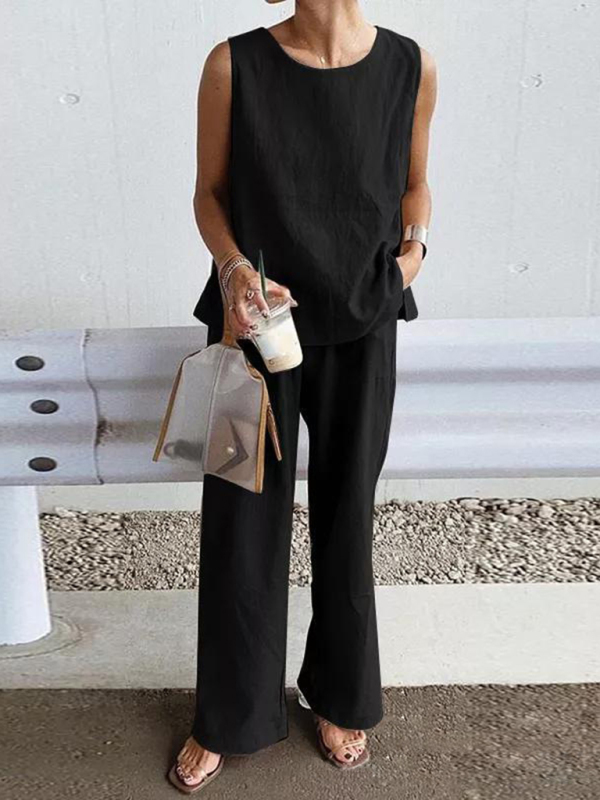 Mature Women Fashion Casual Loose Sleeveless Slit Vest Pants Suits Set