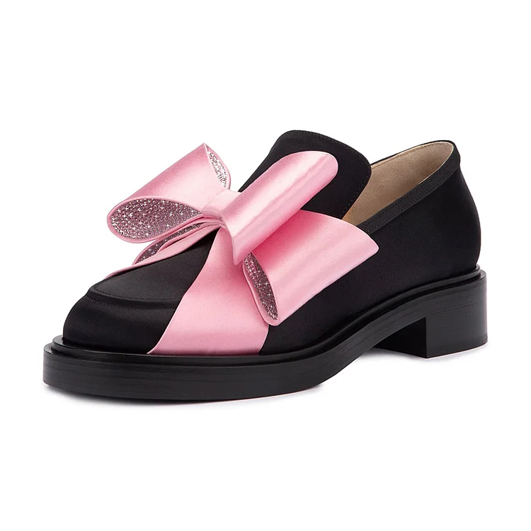 Black & Pink Block Heels Women's Round Toe Platform Bow Shoes Vintage Loafer Pumps |FSJ Shoes