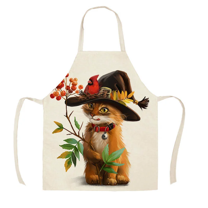 Linen Print Apron - Fashion Cat Bird - 68x55cm