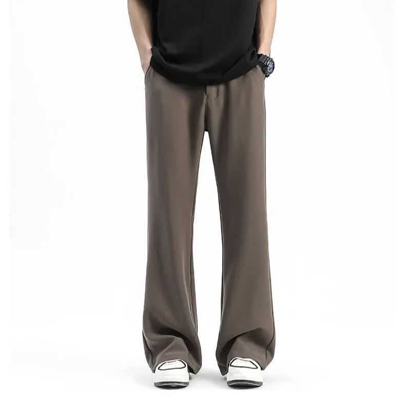 Bonusgud Summer Black Micro Flare Suit Trousers Men's Premium Feeling Ice Silk Loose Draped Casual Pants Button Comfortable