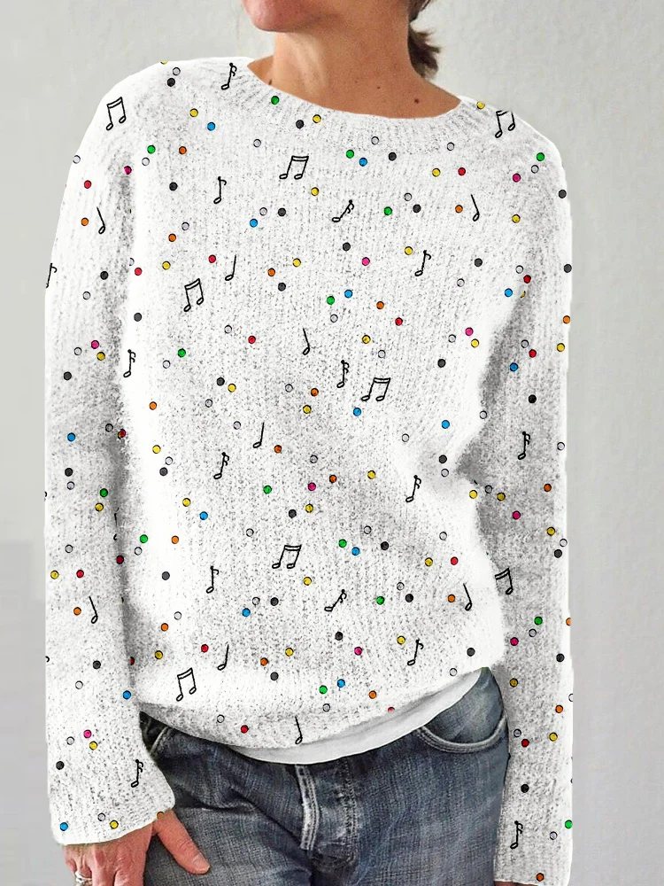 Comstylish Music Notes & Colorful Polka Dots Cozy Knit Sweater