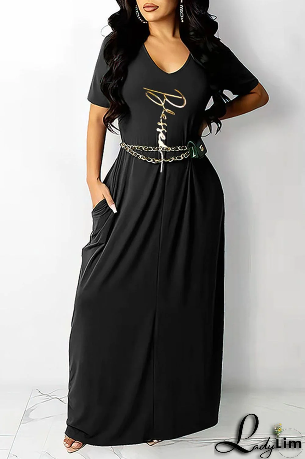 Black Casual Print Split Joint V Neck Straight Dresses