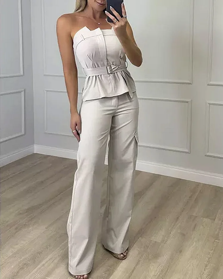Solid Color Tube Top & High-waisted Wide-leg Pants Two-piece Set