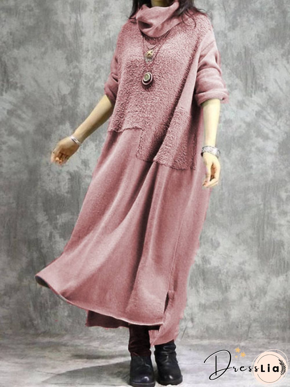 Cotton Plain Casual Turtleneck Knitting Dress