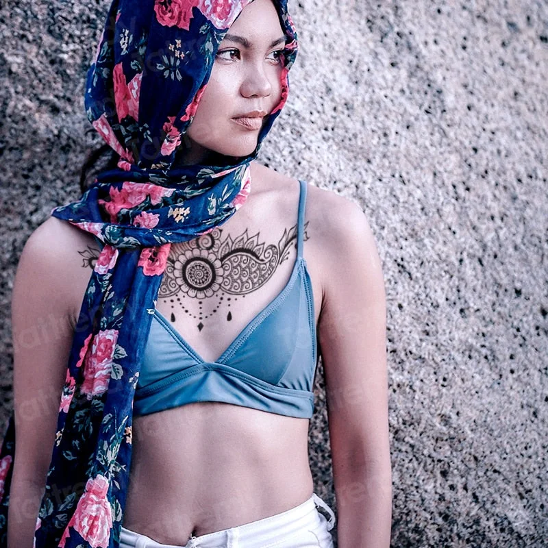 sternum temporary tattoo sticker under boob tattoo henna lace mandala tatoo fake large sexy breast tattoo decal arabic design