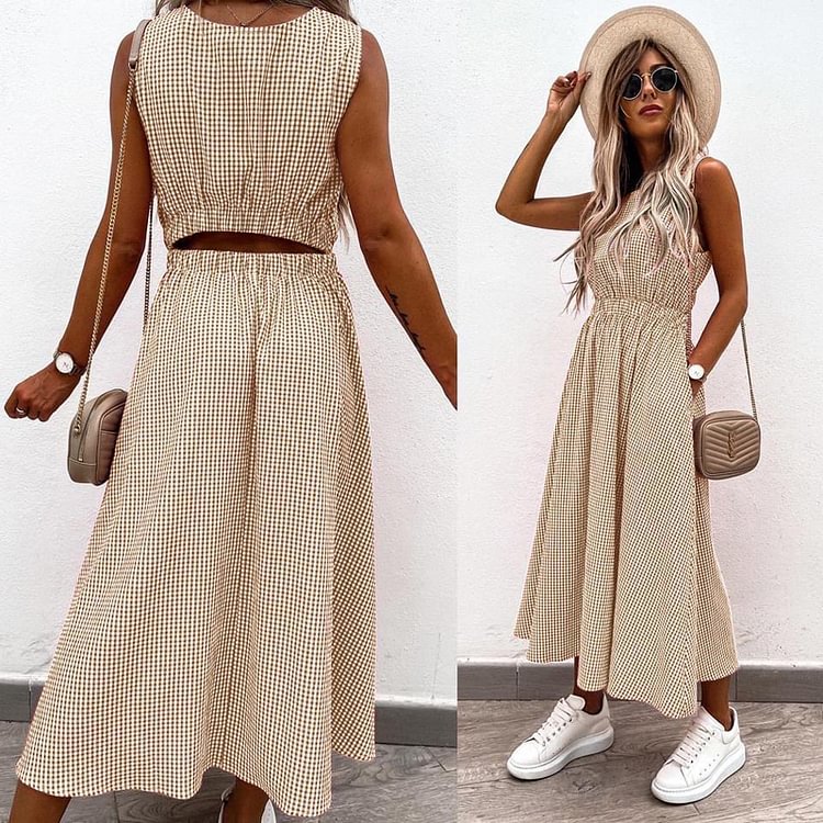 Sexy Hollow Out Sleeveless Long Dress Women Elegant Pocket Back Casual O Neck Party Dress Summer Fashion Plaid Print Lady Dress - Life is Beautiful for You - SheChoic