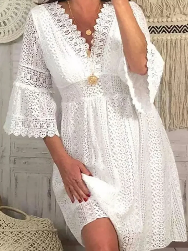 Solid Color Lace Cutout Trumpet Sleeve Midi Dress