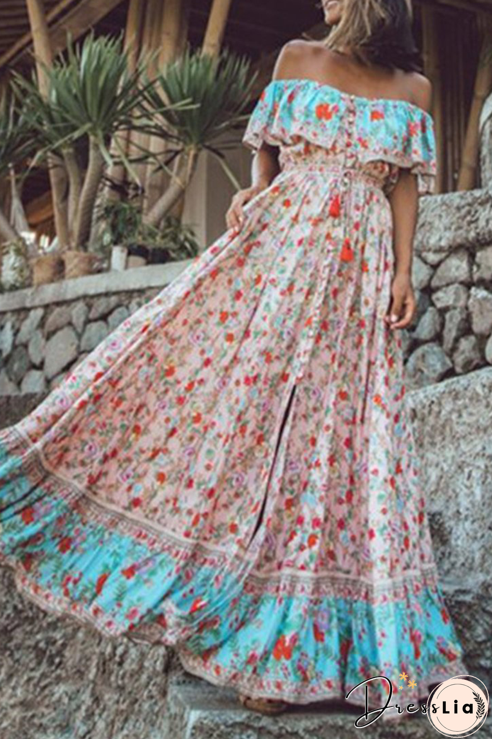 Casual Sweet Floral Split Joint Flounce Off The Shoulder Dresses