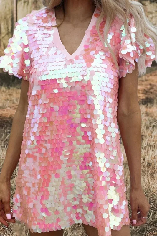 Casual Blush Sequin Short Sleeve Mini Dress