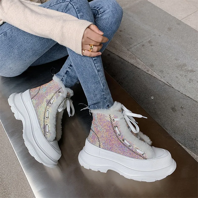 Meotina Genuine Leather Ankle Boots Woman Real Wool Fur Snow Boots Flat Platform Shoes Lace Up Short Boots Female Winter Size 40