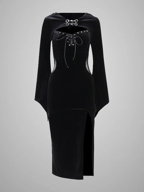 Velvet Lace Up High Split Long Bell Sleeve Hooded Bodycon Dress 2-piece Sets