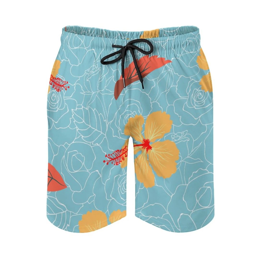 Tropical Floral And Leaves Men's Beach Shorts Casual Classic Fit Short Drawstring Summer Beach Shorts with Pocket