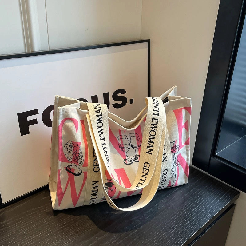 Women's Large Canvas Letter Streetwear Square Zipper Shoulder Bag