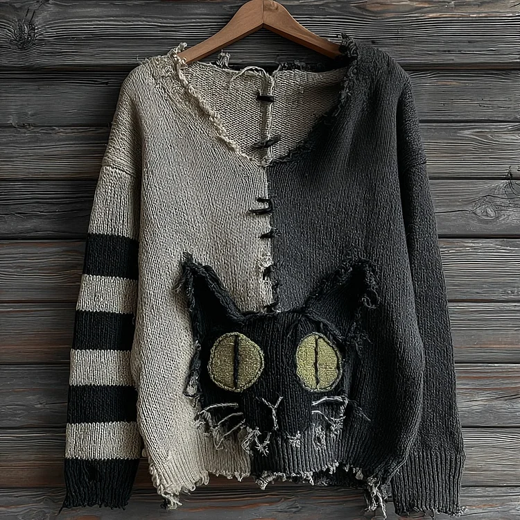 Halloween Green-eyed Black Cat Patchwork Knitted V-neck Sweater