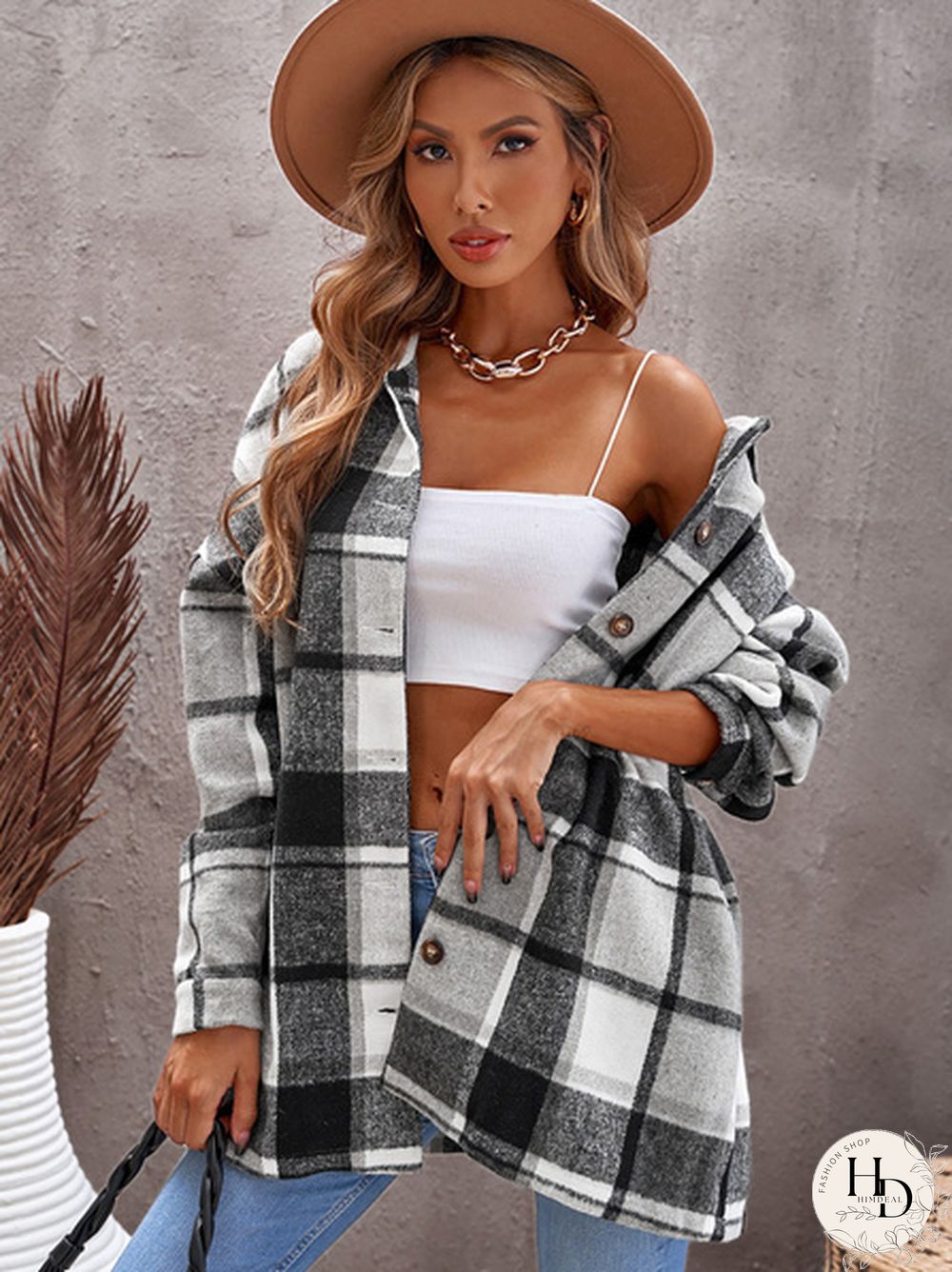 Women Plaid Print Buttoned Shirt Jacket