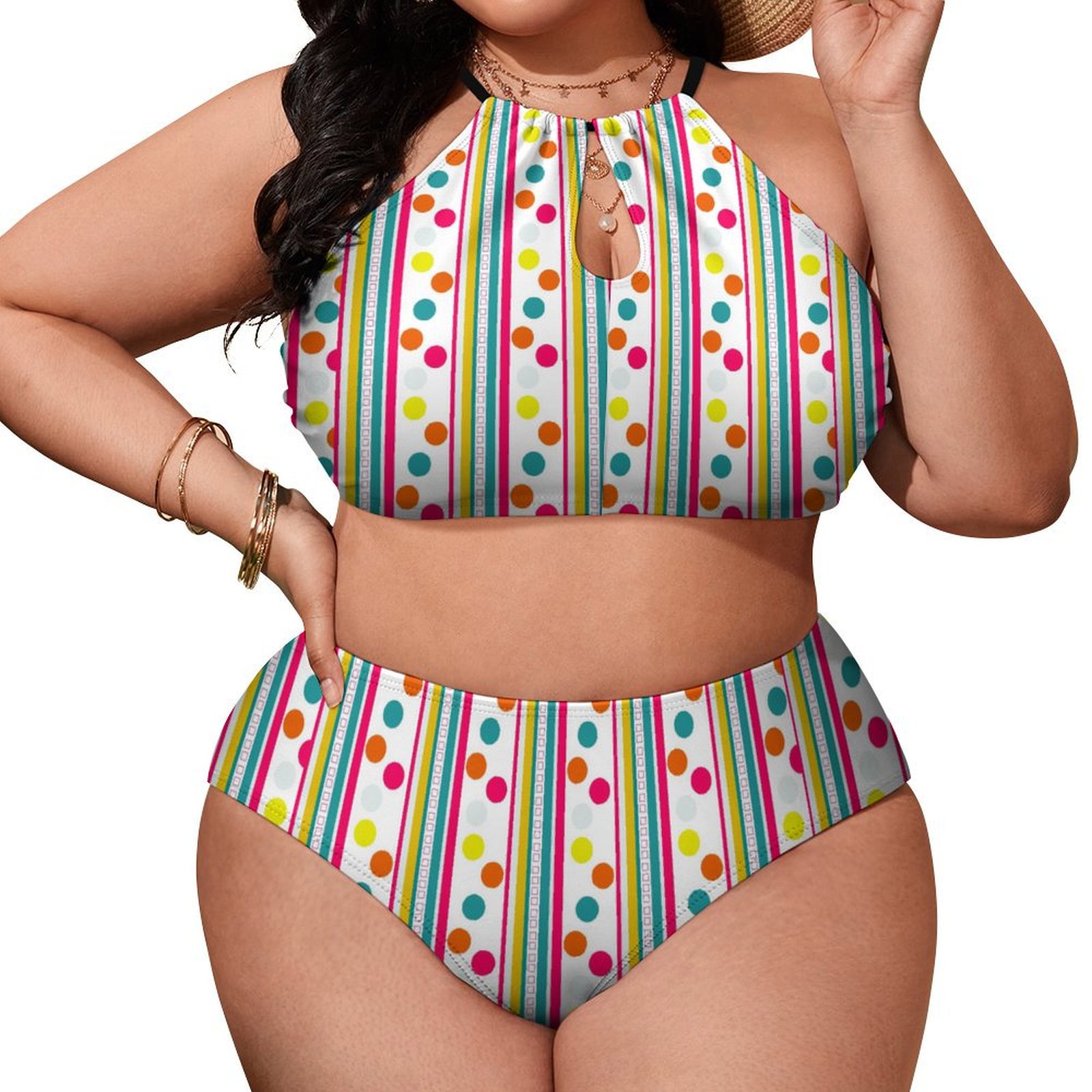 Women's Stripes Polka Dots High Waisted Two-Piece Plus Size Bikini Swimsuits Sets