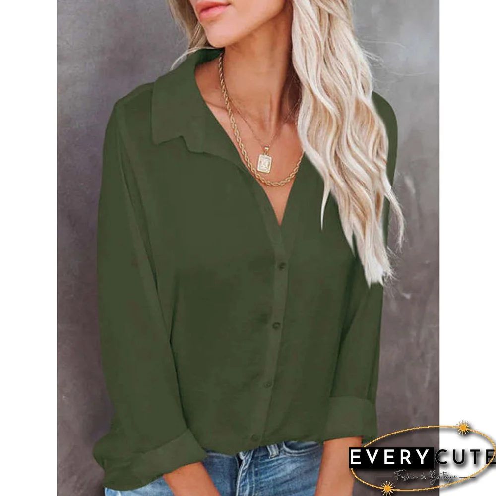 Army Green Button V Neck Long Sleeve Shirt