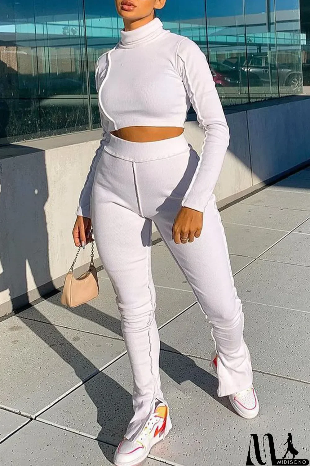 MidiSono - White Casual Solid Slit O Neck Long Sleeve Two Pieces
