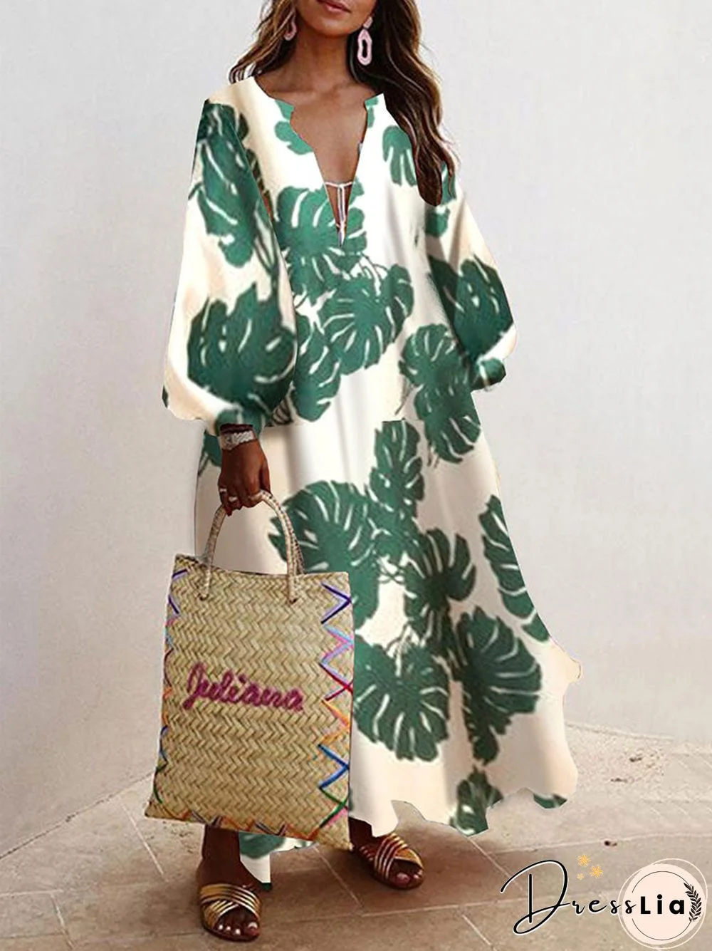 Green Leaves Printed Casual Long Dress