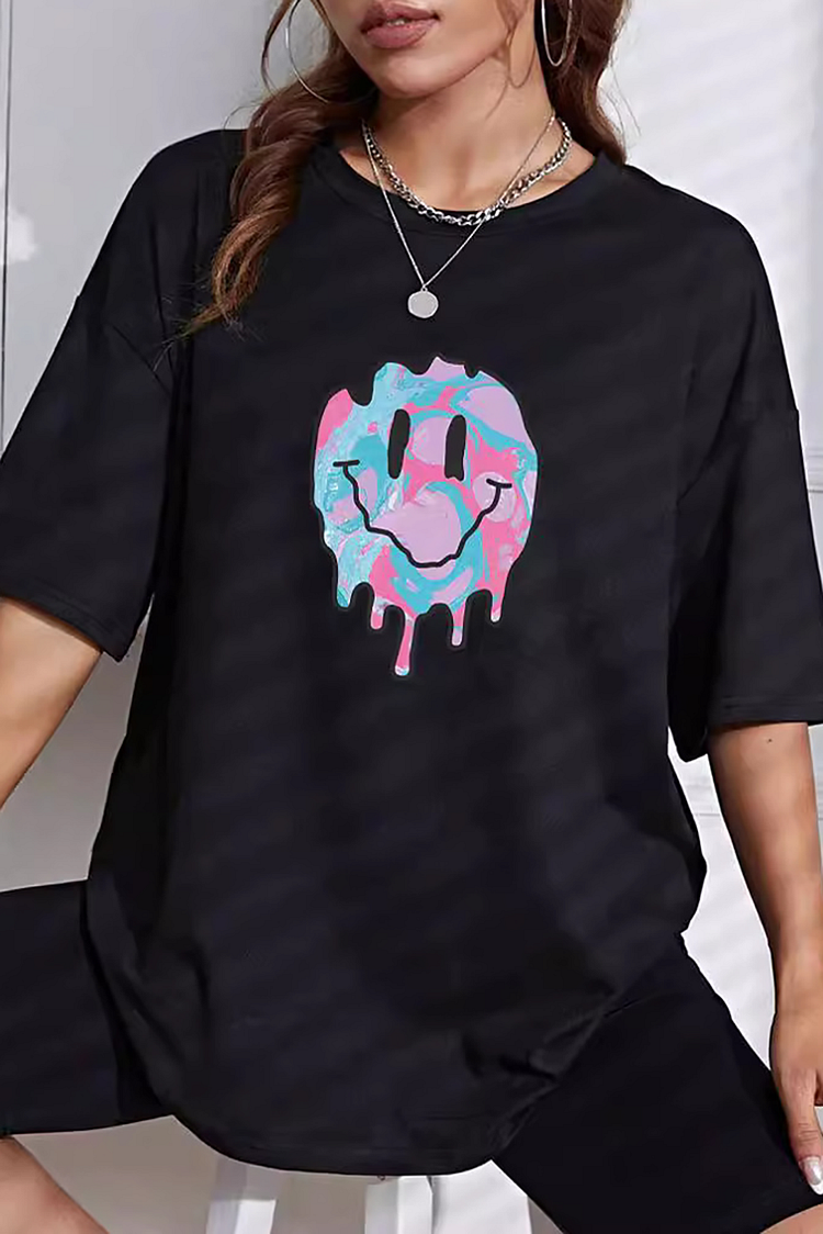 Smiley Face Print Round Neck Half Sleeve Loose Fit T-shirt-Black