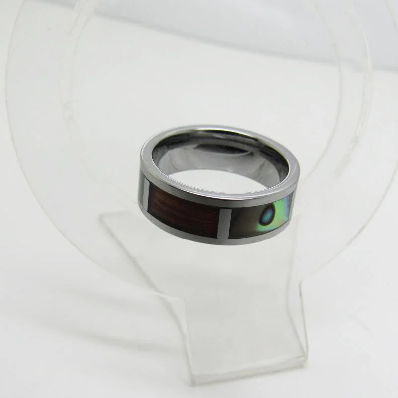 8MM Tungsten Carbide Rings Flat Silver Slotted Six-Piece Abalone And Cross Rosewood For Womens And Mens