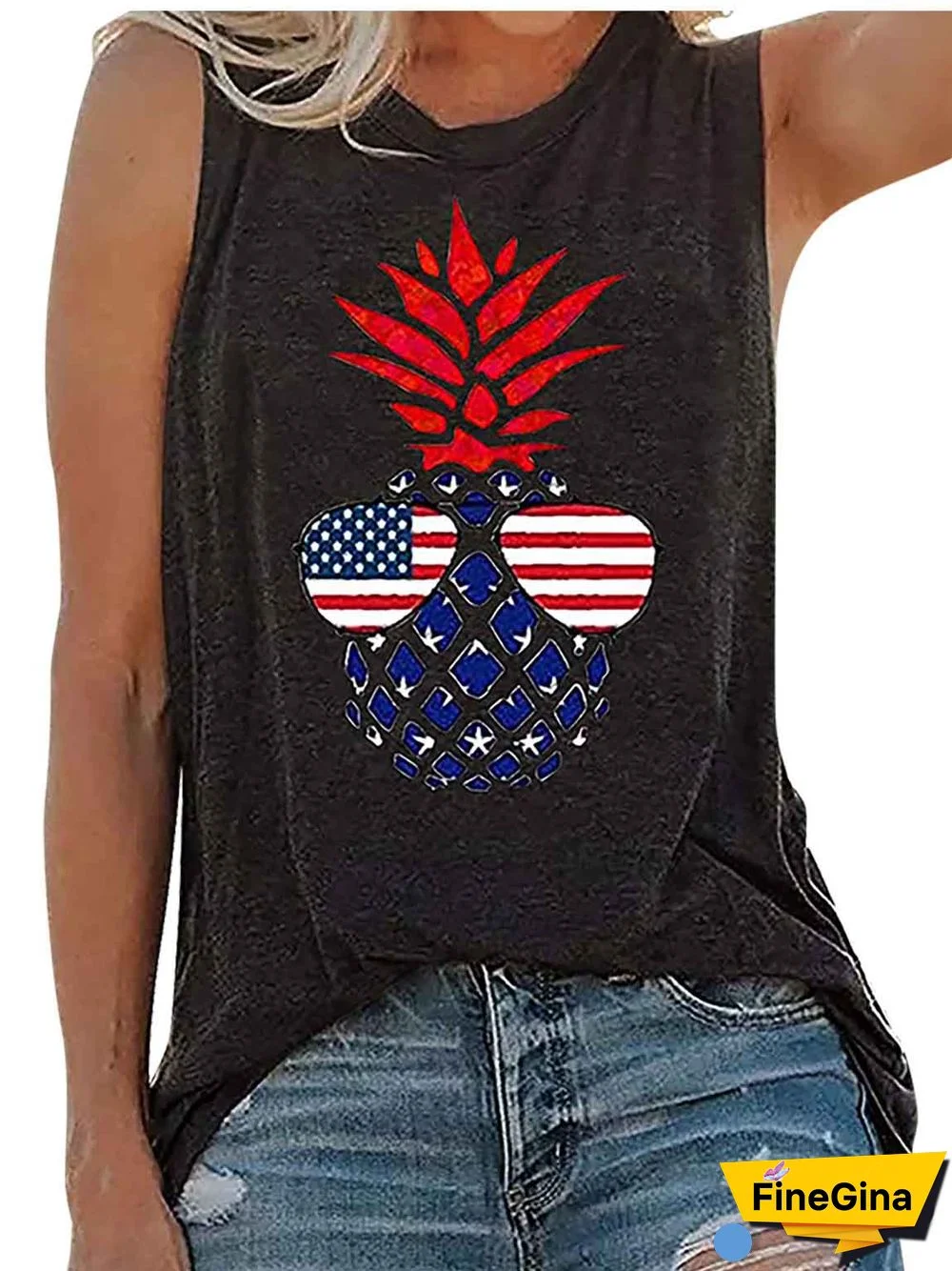 Women's Loose Sleeveless Round Neck Coloured Print T-shirt