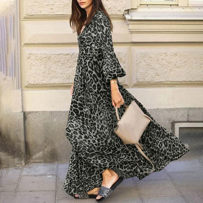 ZANZEA Women Spring Puff Sleeve Maxi Long Sundress Fashion Sexy Leopard Printed Party Dress V Neck High Waist Holiday Vestidos 7