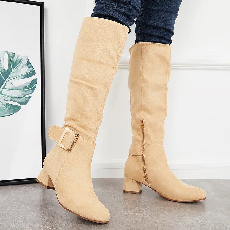 Square Toe Knee High Boots Wide Calf Chunky Heel Riding Boots