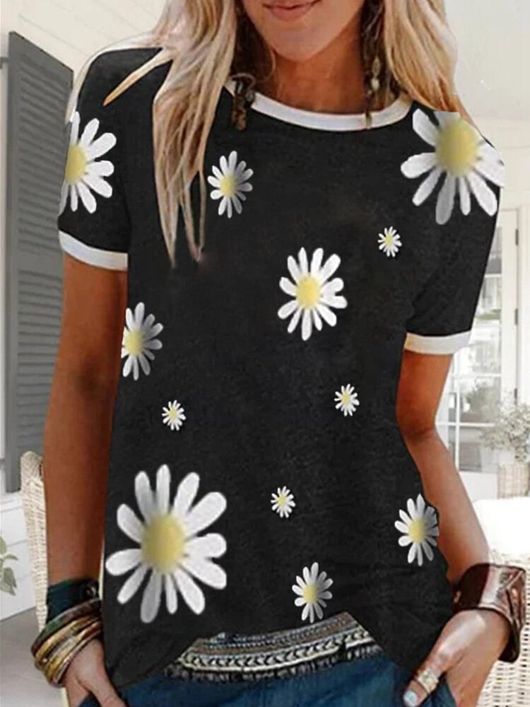 Patchwork Daisy Floral Print Short Sleeve Casual T shirt For Women P1706159