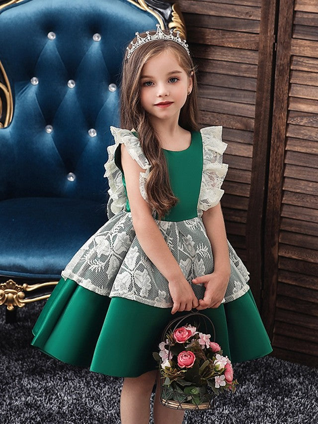 Oknass Ball Gown Cap Sleeve Jewel Neck Flower Girl Dress Satin Tulle  With Bow Color Block