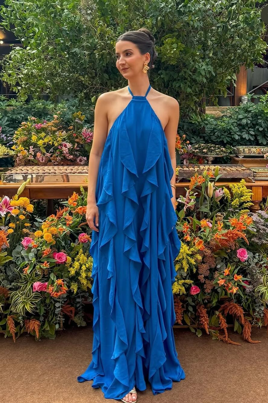 Daisda Hierarchical Blue Sleeveless Halter Straps Prom Dress 