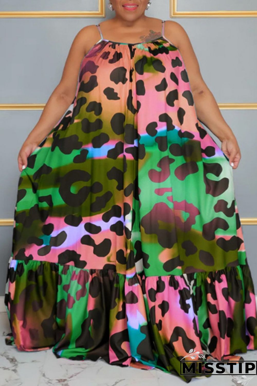 Rose Red Casual Print Backless Spaghetti Strap Long Dress Plus Size Dresses