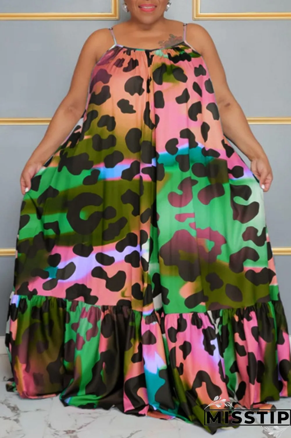 Rose Red Casual Print Backless Spaghetti Strap Long Dress Plus Size Dresses