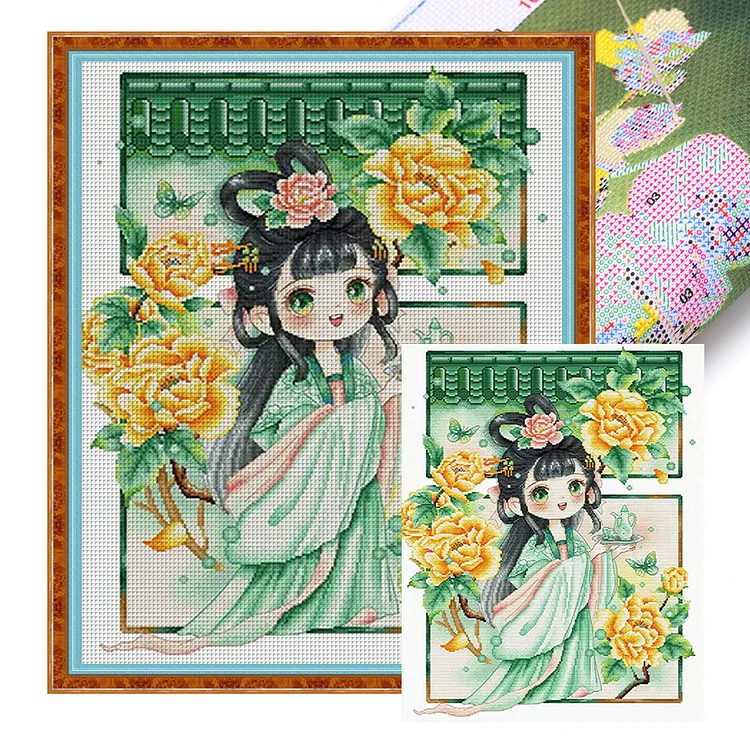 Spring-Peony Girl (59*75cm) 11CT Stamped Cross Stitch gbfke