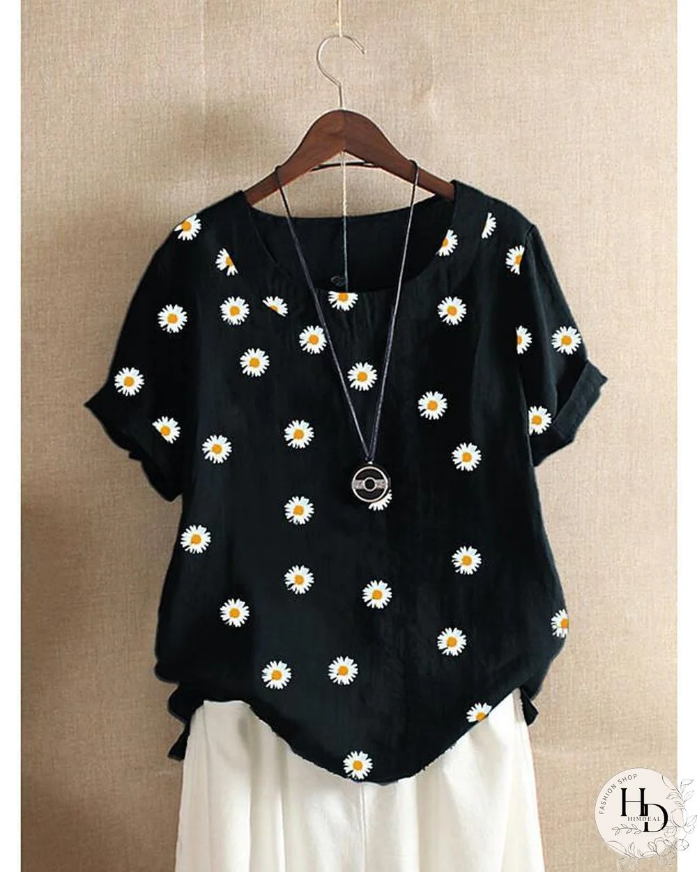 Women's Blouse Shirt Floral Flower Daisy Print Round Neck Tops Loose Cotton Basic Basic Top Black Wine Orange