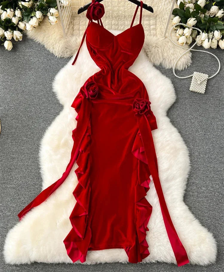 Aiertu DRESS TO IMPRESS French Retro Velvet Dress Ladies Spaghetti Strap Sleeveless 3D Flowers Split Red Evening Party Sexy Dresses aiertu