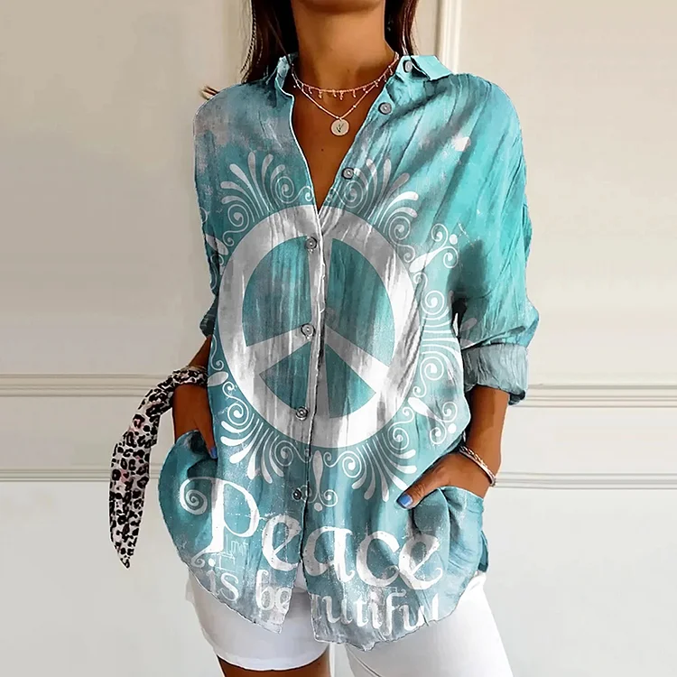 Lunivibe Women's Hippie Peace Print Casual Shirt