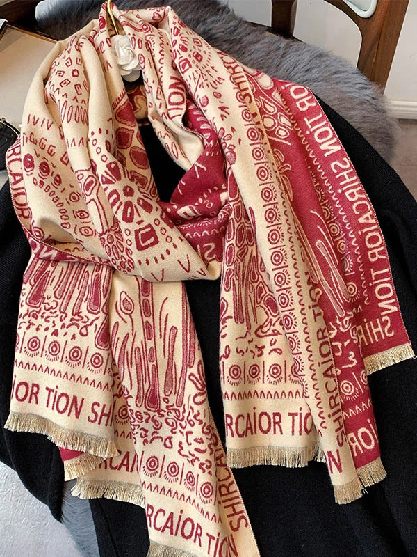 Imitation Cashmere Stamped Tasseled Shawl Scarf