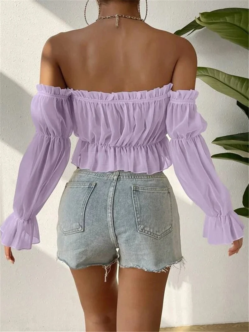 Athvotar Athvotar Women's Spring And Summer Sexy Word Collar Shoulder Lotus Side Perspective Chiffon Folding Shirt