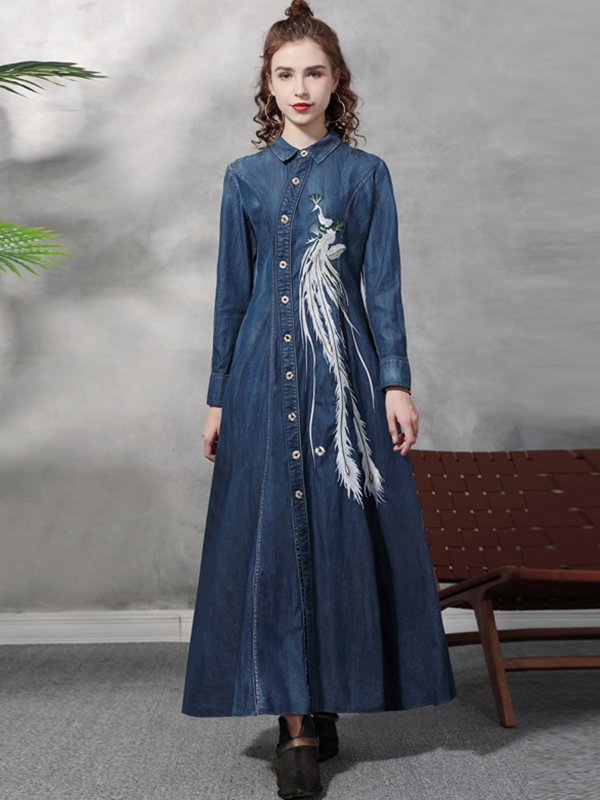 Vintage Denim Embroidered Long Sleeves Midi Dress