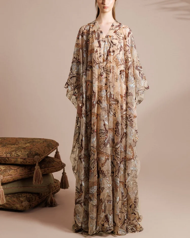 Elegant Floral V Neck Kaftan Dress