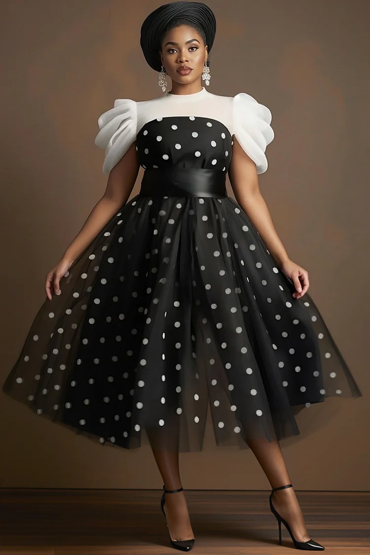 Xpluswear Design Plus Size Wedding Guest Black Polka Dot Round Neck Puff Sleeve Short Sleeve Contrast Vintage Tulle Midi Dresses [Pre-Order] 2024 - Xpluswear